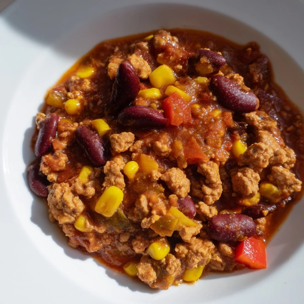 A warm bowl of Turkey Chili with Kidney Beans and Corn, garnished with fresh cilantro and served with cornbread.