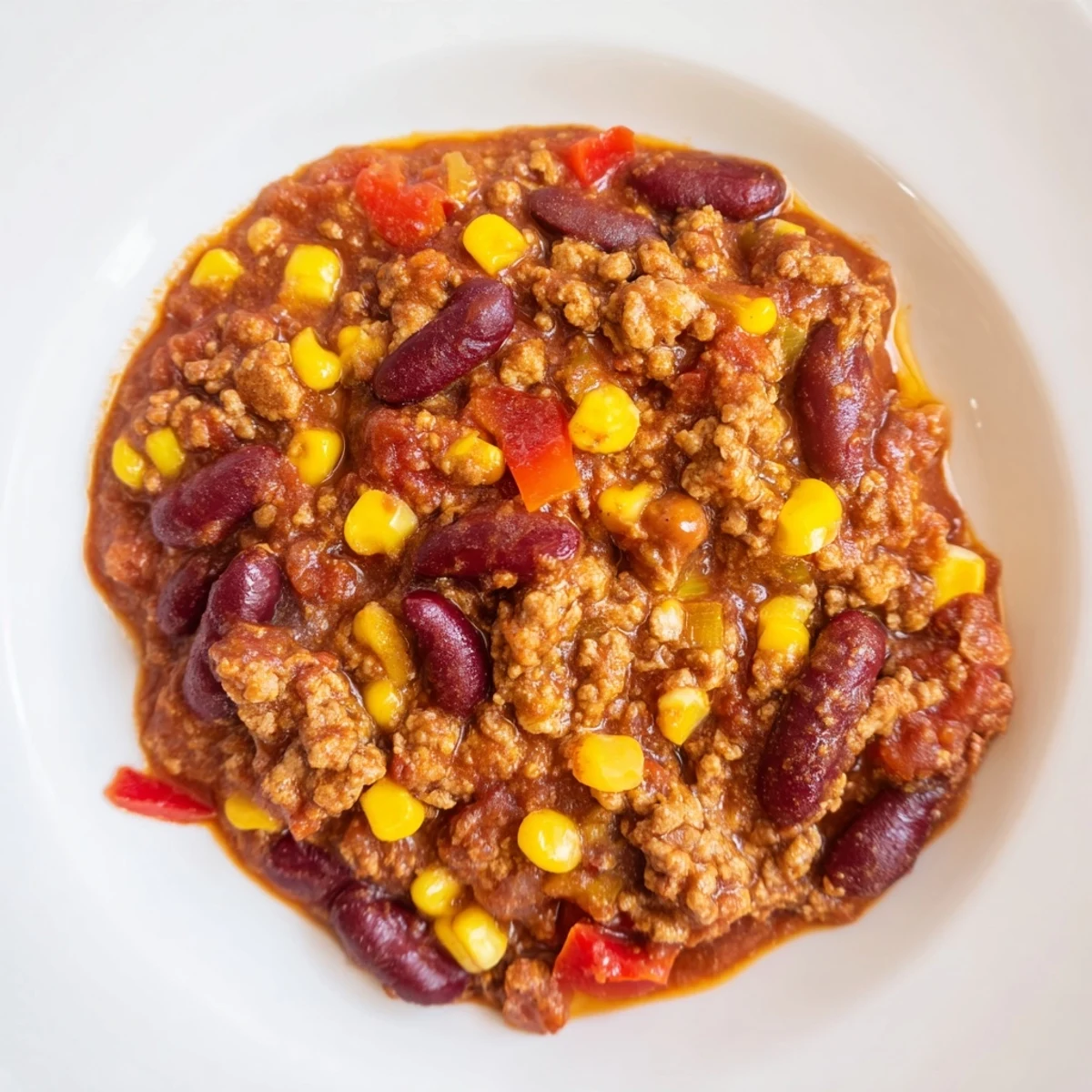 This close-up image shows Turkey Chili with Kidney Beans and Corn in a rustic bowl, steam rising from the hearty stew.