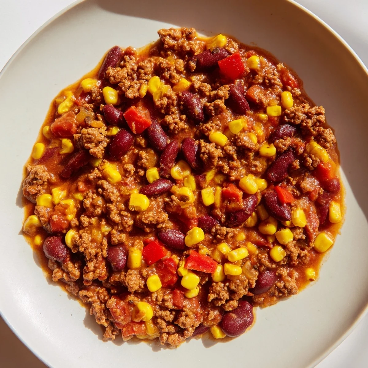 Turkey Chili with Kidney Beans and Corn is served in a white pot, showcasing tender turkey and sweet corn kernels.