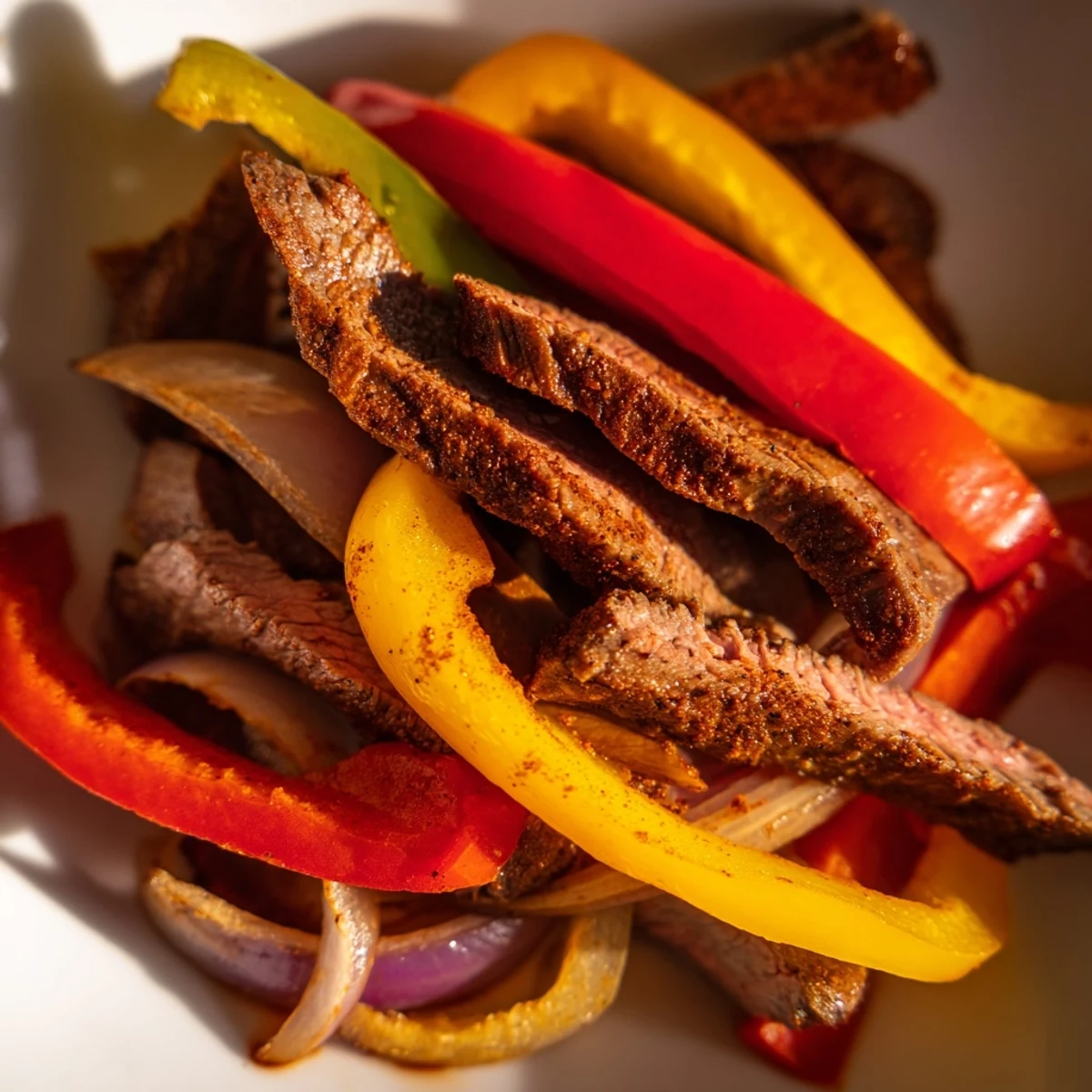 Sizzling Sheet Pan Steak Fajitas with Bell Peppers roast in the oven, showcasing juicy steak strips and tender, colorful peppers ready for warm tortillas.