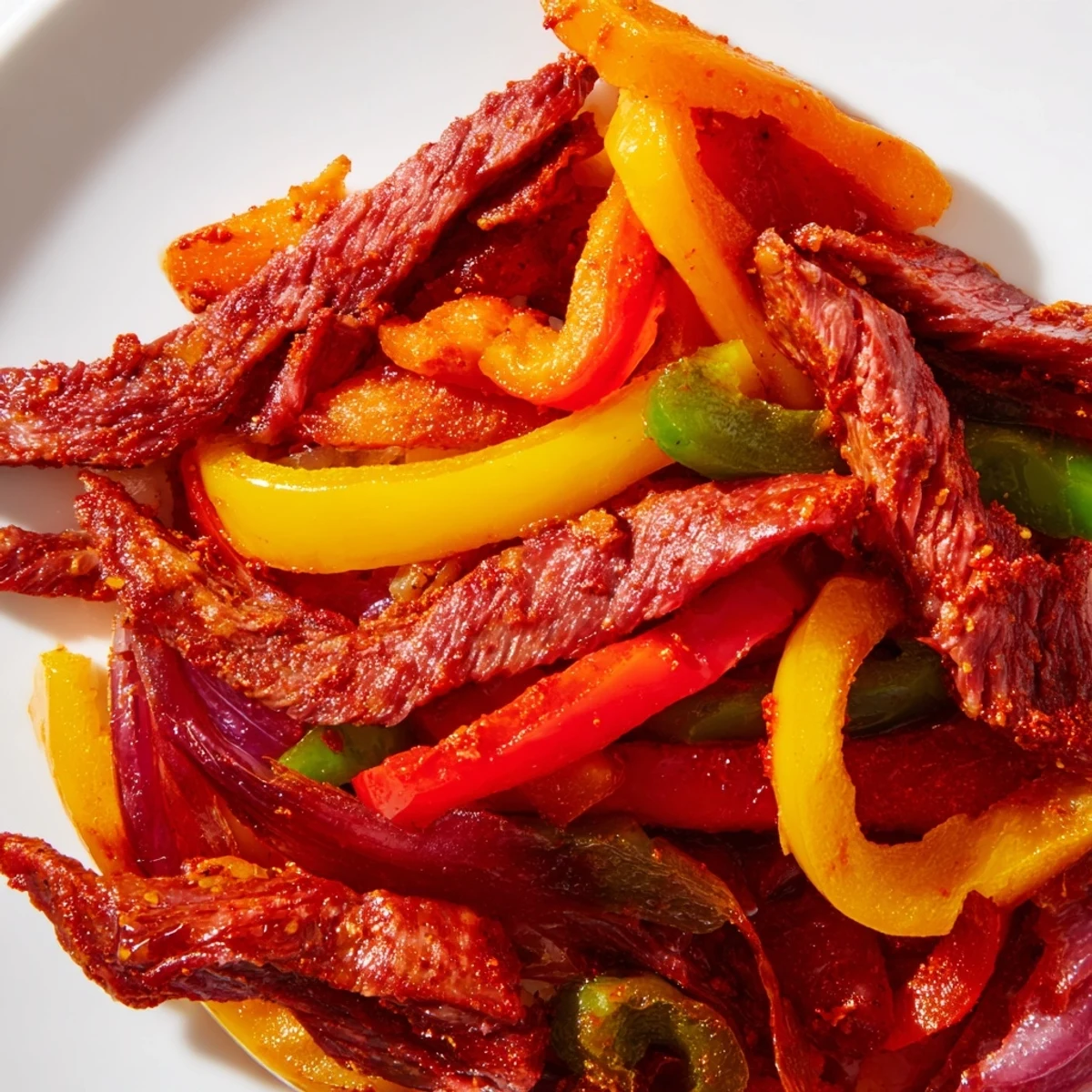 A close-up of Sheet Pan Steak Fajitas with Bell Peppers reveals charred, caramelized vegetables and seasoned beef, garnished with fresh cilantro and lime wedges.