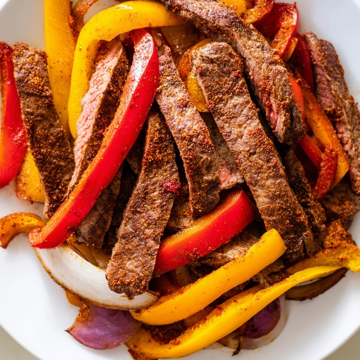 Hearty Sheet Pan Steak Fajitas with Bell Peppers are served family-style on a rustic table, with guacamole, sour cream, and warm corn tortillas.
