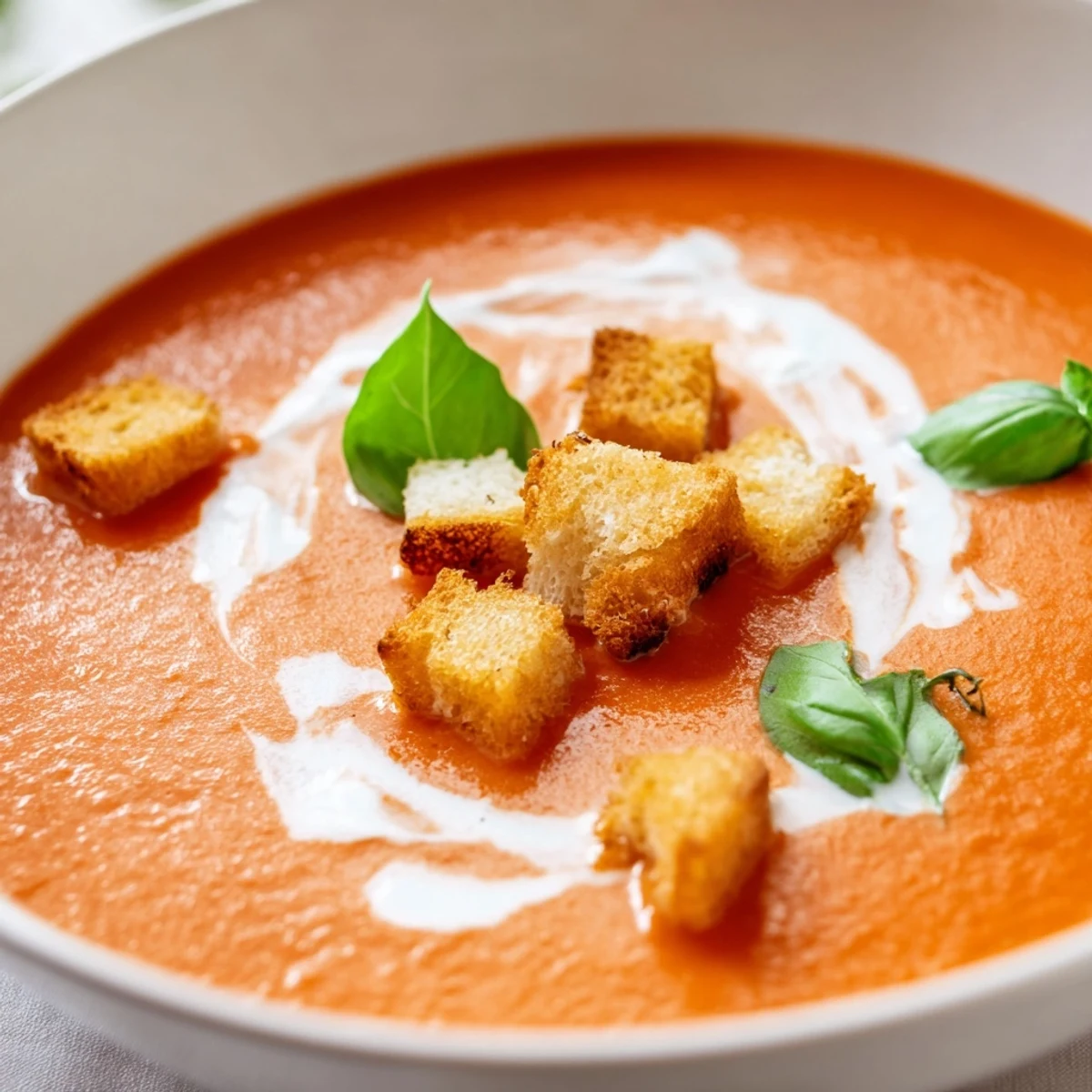 In a white ceramic bowl, the Creamy Tomato and Basil Soup with Croutons offers a velvety, rich red texture, perfect for a cozy lunch.