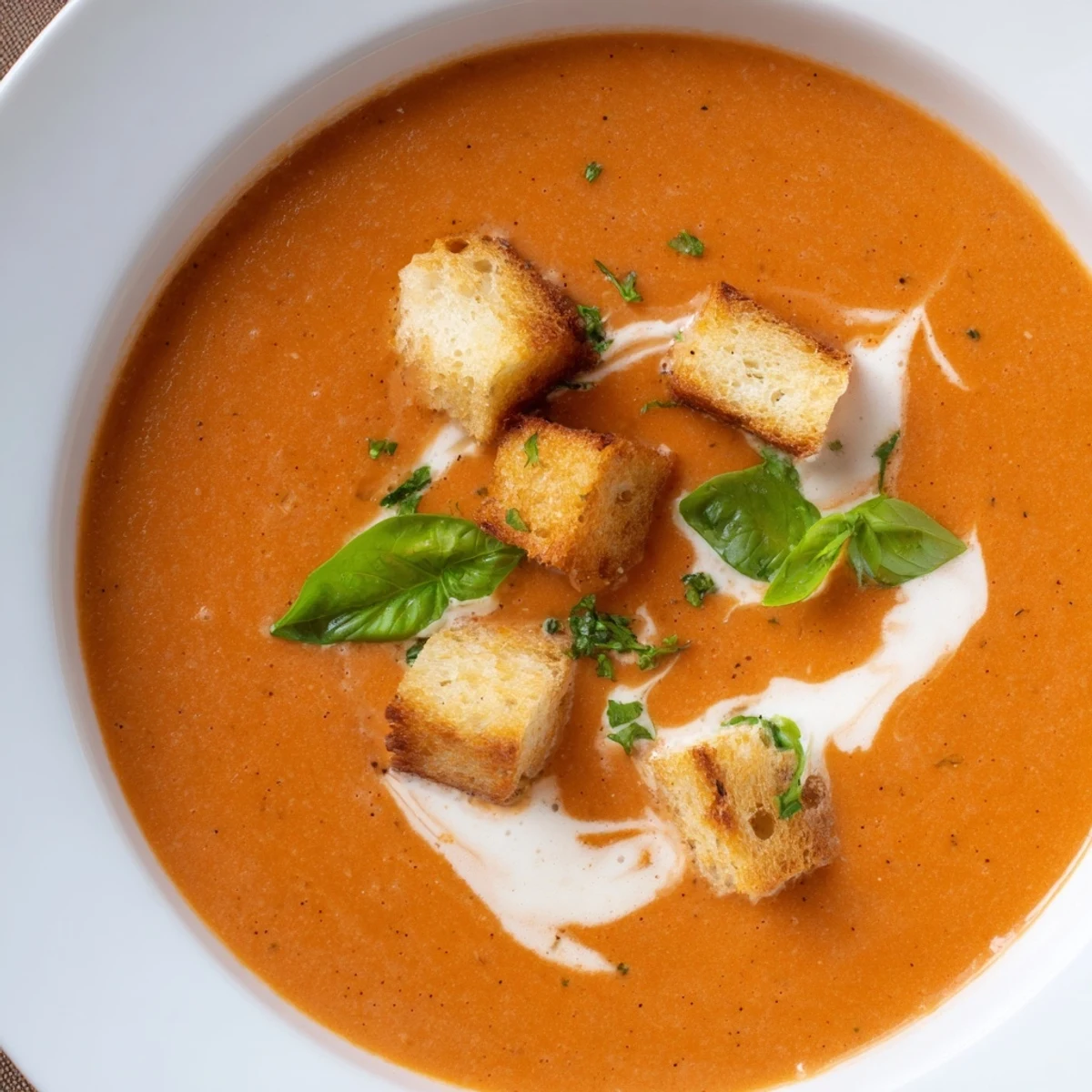 Close-up of Creamy Tomato and Basil Soup with Croutons showing steam rising from the warm soup and crunchy bread cubes with fresh basil leaves.