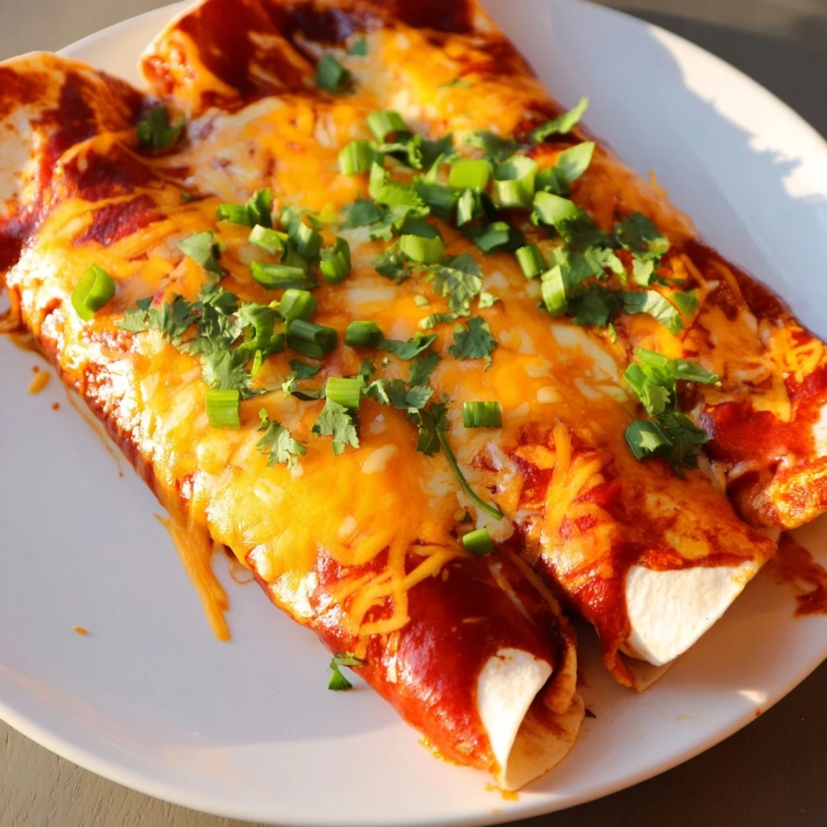 Tender ground beef in corn tortillas smothered in homemade red sauce and melted cheese.