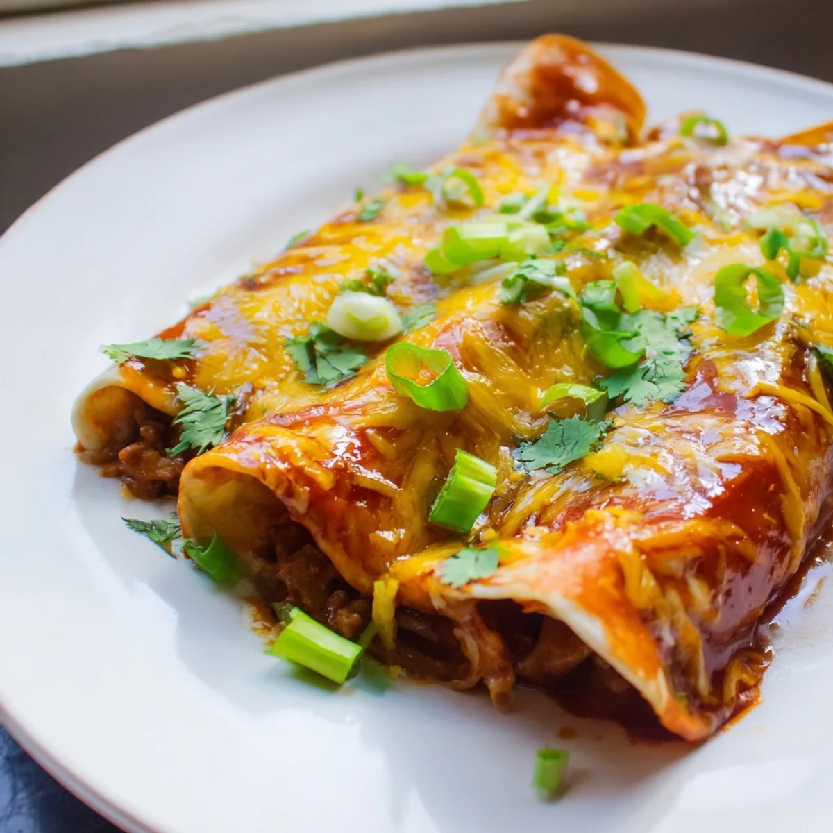 Sizzling freshly baked beef enchiladas with rich red sauce ready for family dinner.