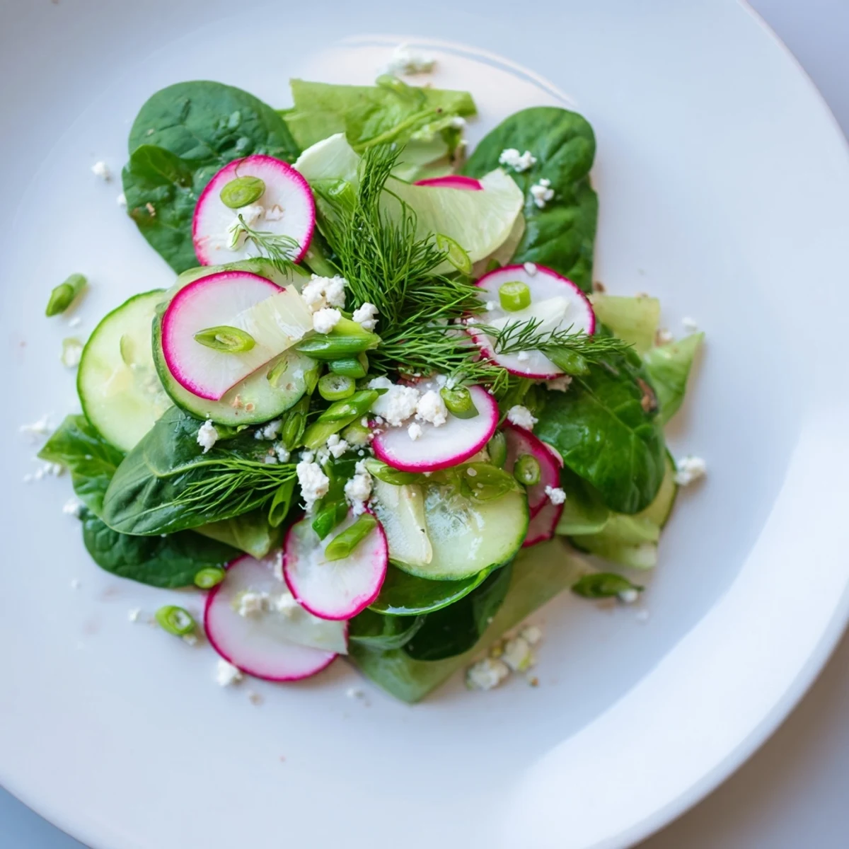 Fresh Spring Garden Salad with Radishes and Cucumber topped with crumbled feta and herbs on a wooden table.