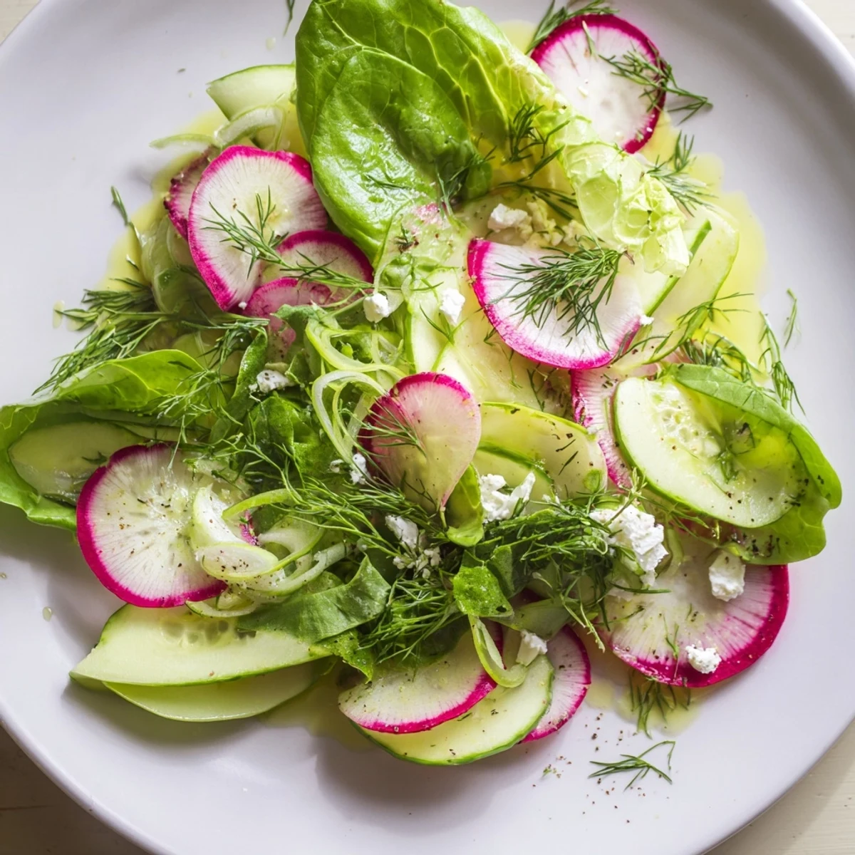 This Spring Garden Salad with Radishes and Cucumber features crisp greens, sliced veggies, and a light vinaigrette dressing.