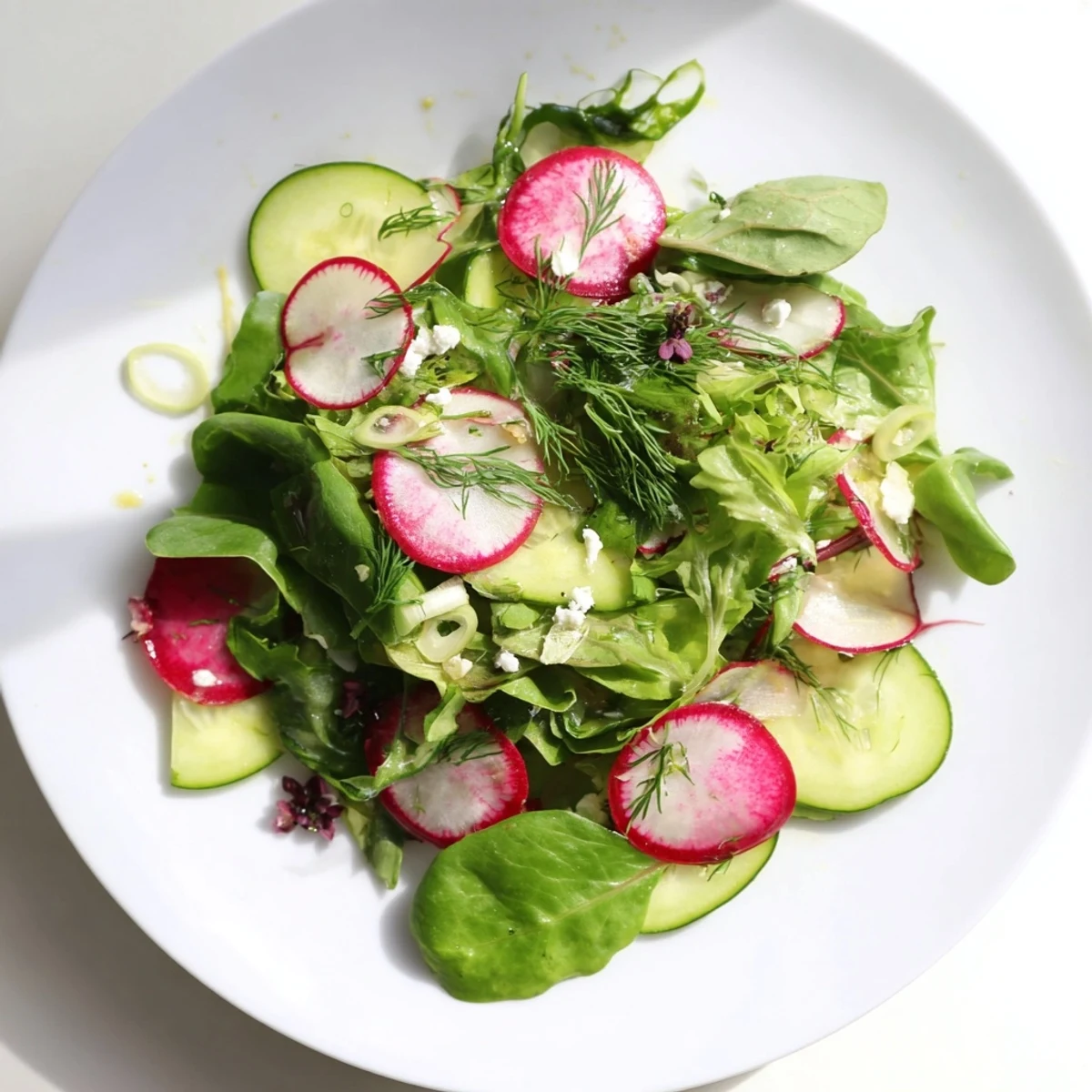 A close-up of Spring Garden Salad with Radishes and Cucumber, ready to serve with a fork beside the bowl.