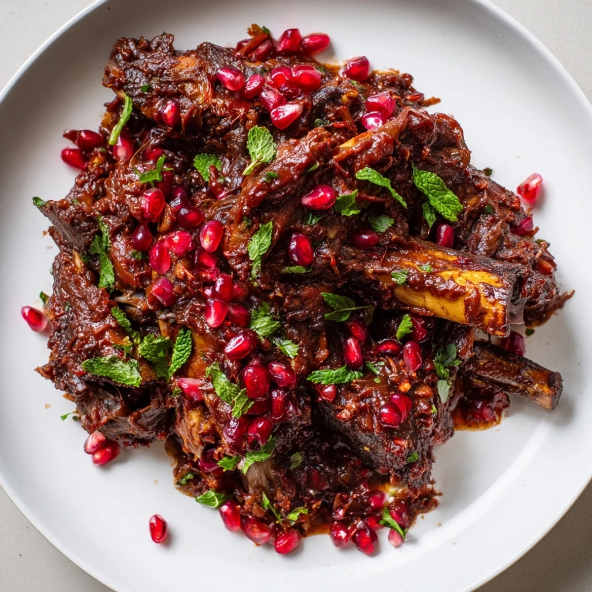 Close-up view of braised lamb shoulder with pomegranate, featuring rich, dark sauce, ruby seeds, and soft vegetables on a white ceramic dish.