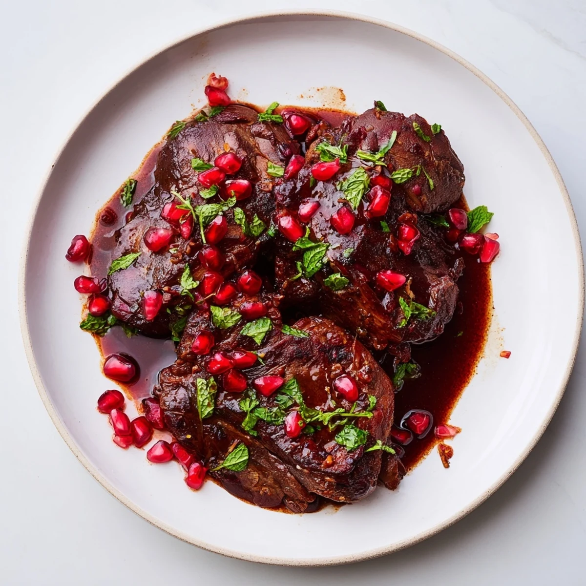 Braised lamb shoulder with pomegranate served family-style, showcasing juicy meat, aromatic herbs, and jewel-like pomegranate seeds in a warm, inviting kitchen setting.