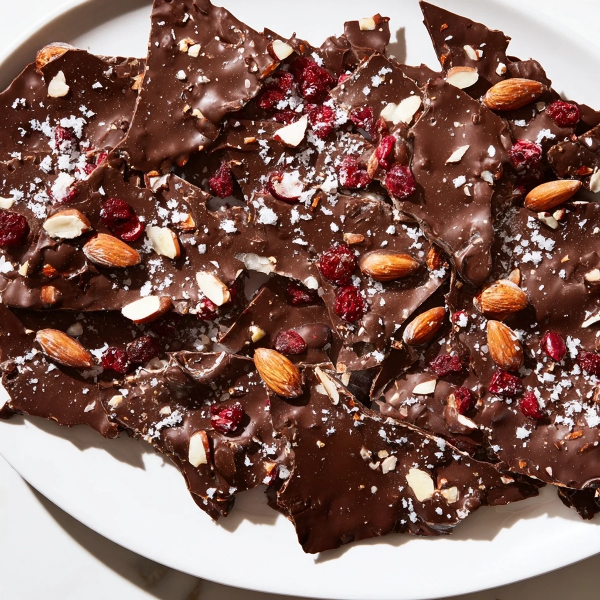 Crispy matzo slabs topped with melted dark chocolate and a sprinkle of flaky sea salt.