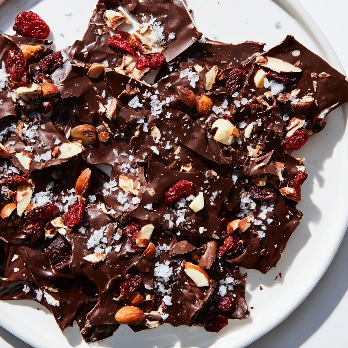 Serving suggestion for chocolate covered matzo crackles arranged beautifully on a dessert plate.