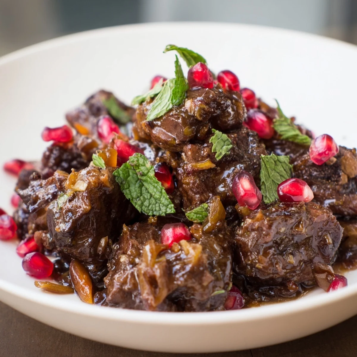 A close-up view of succulent Braised Lamb Shoulder with Pomegranate Molasses, falling apart with a fork on a rustic platter next to saffron rice.