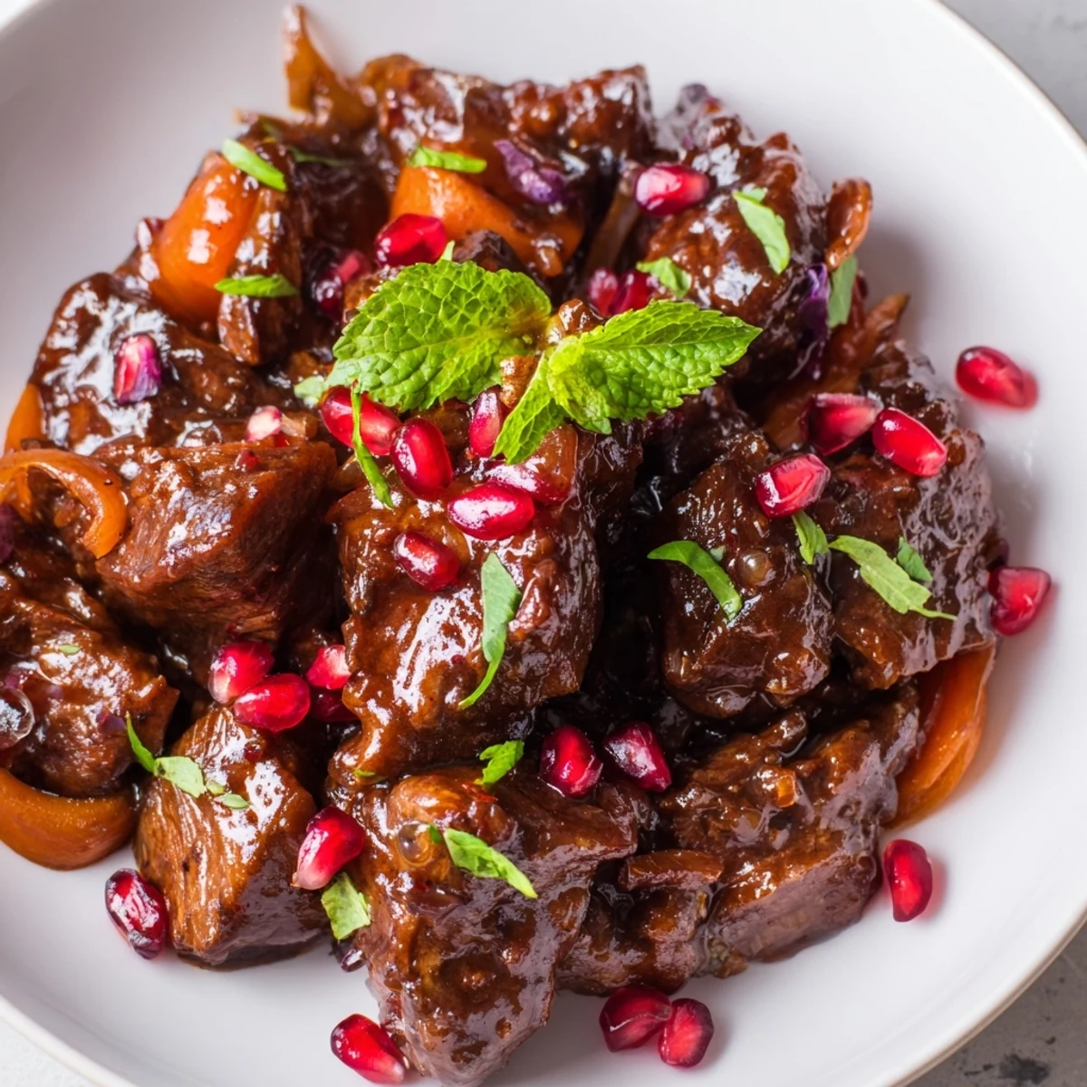 Hearty Braised Lamb Shoulder with Pomegranate Molasses served family-style, topped with vibrant pomegranate seeds and herbs, perfect for a cozy gluten-free dinner.