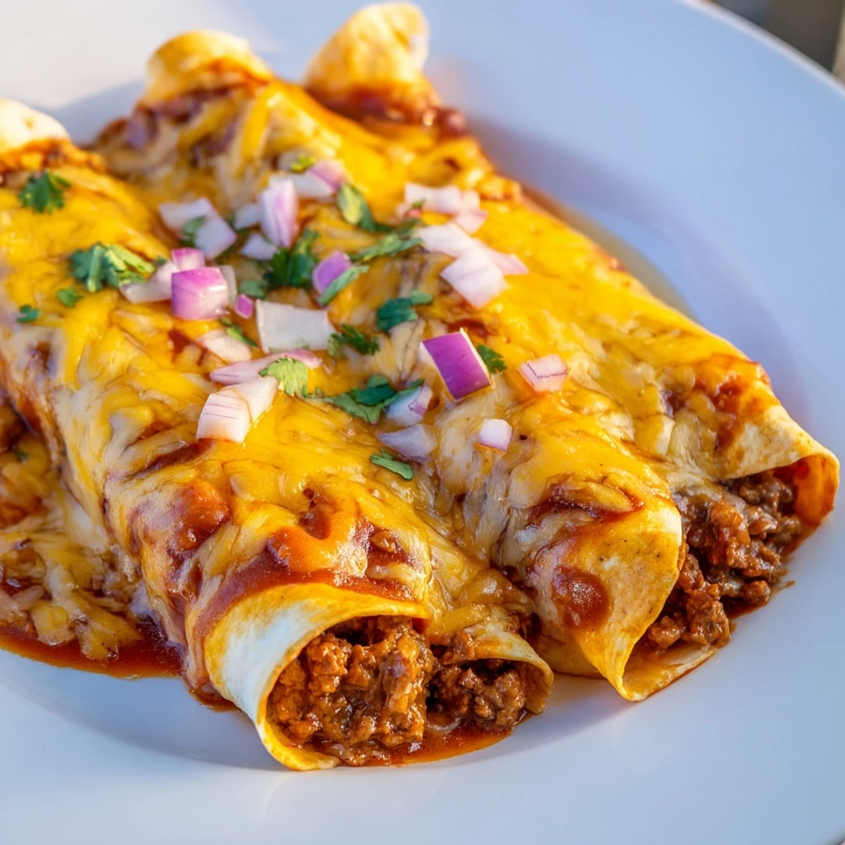 Golden-brown beef enchiladas bubbling under a rich homemade red chili sauce, topped with fresh cilantro and red onion.