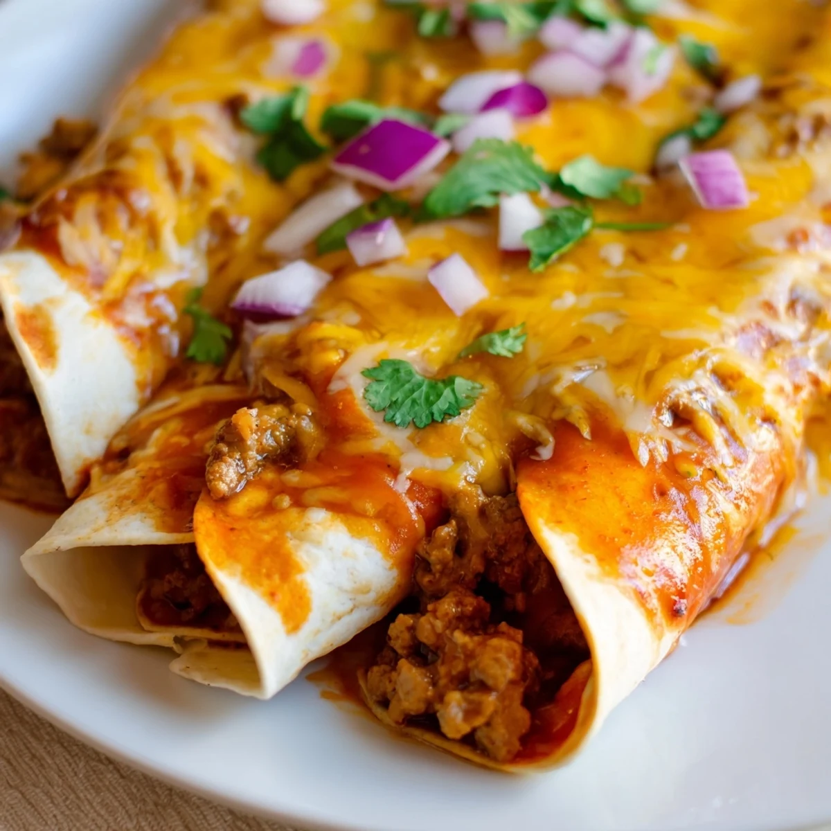 Platter of beef enchiladas with red chili sauce, garnished with cilantro and sliced red onion, ready to serve.