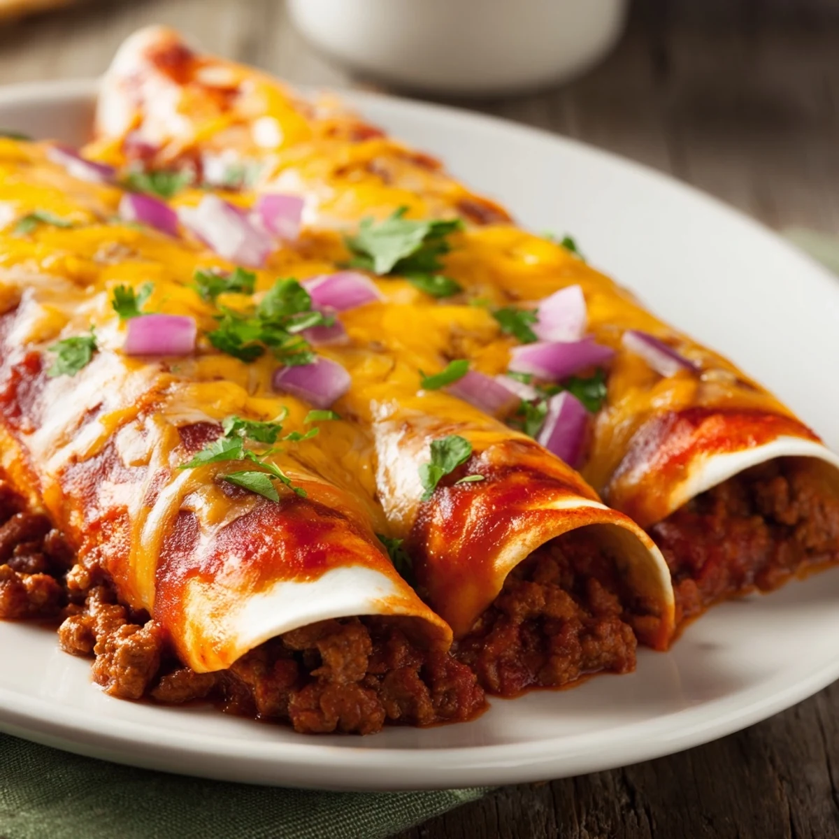 Freshly baked beef enchiladas smothered in homemade red chili sauce, with melted cheese and cilantro garnish.