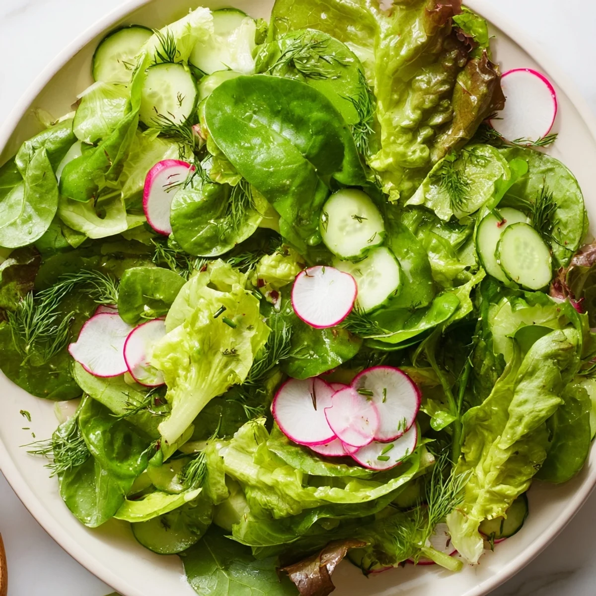 A fresh Spring Garden Salad plated with tender greens and chopped herbs on a wooden table.