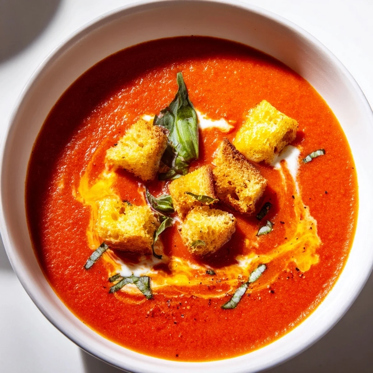 A bowl of Creamy Tomato and Basil Soup with Garlic Croutons garnished with fresh basil leaves.