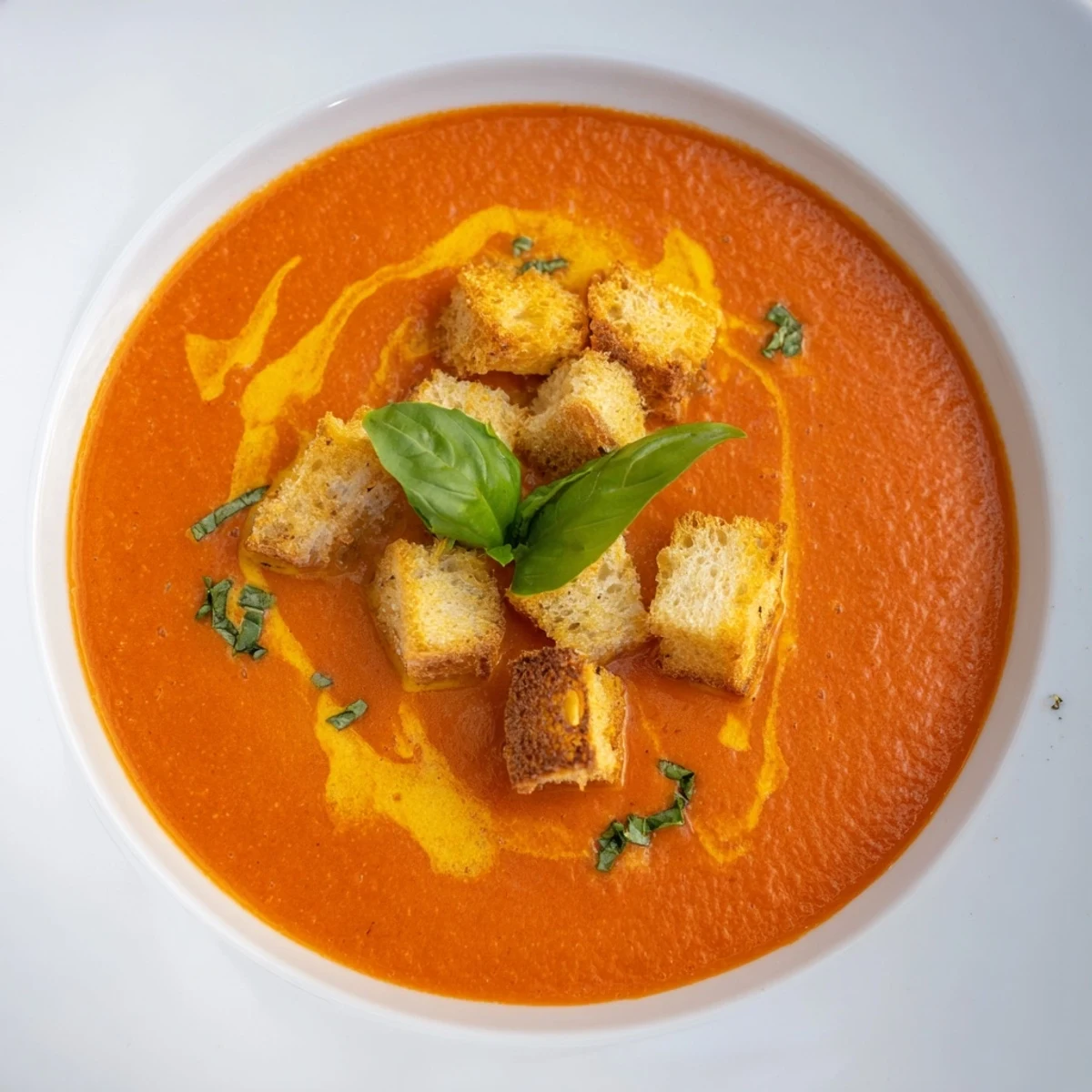 Creamy Tomato and Basil Soup with Garlic Croutons steams in a rustic bowl on a wooden table.