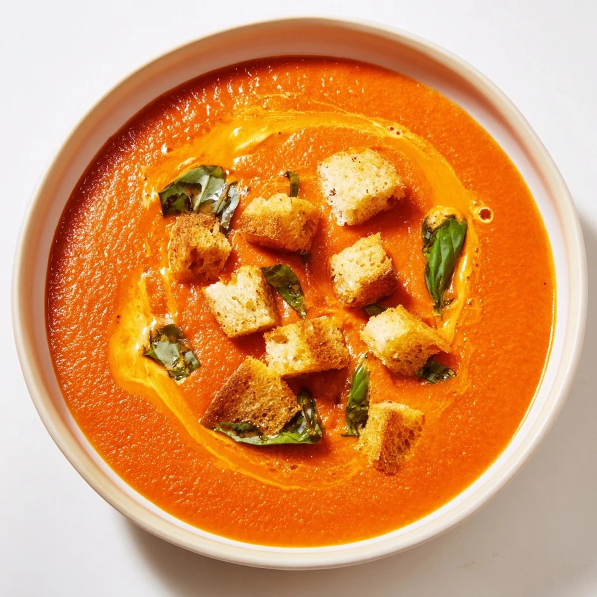 Serve Creamy Tomato and Basil Soup with Garlic Croutons alongside grilled cheese for a cozy lunch.
