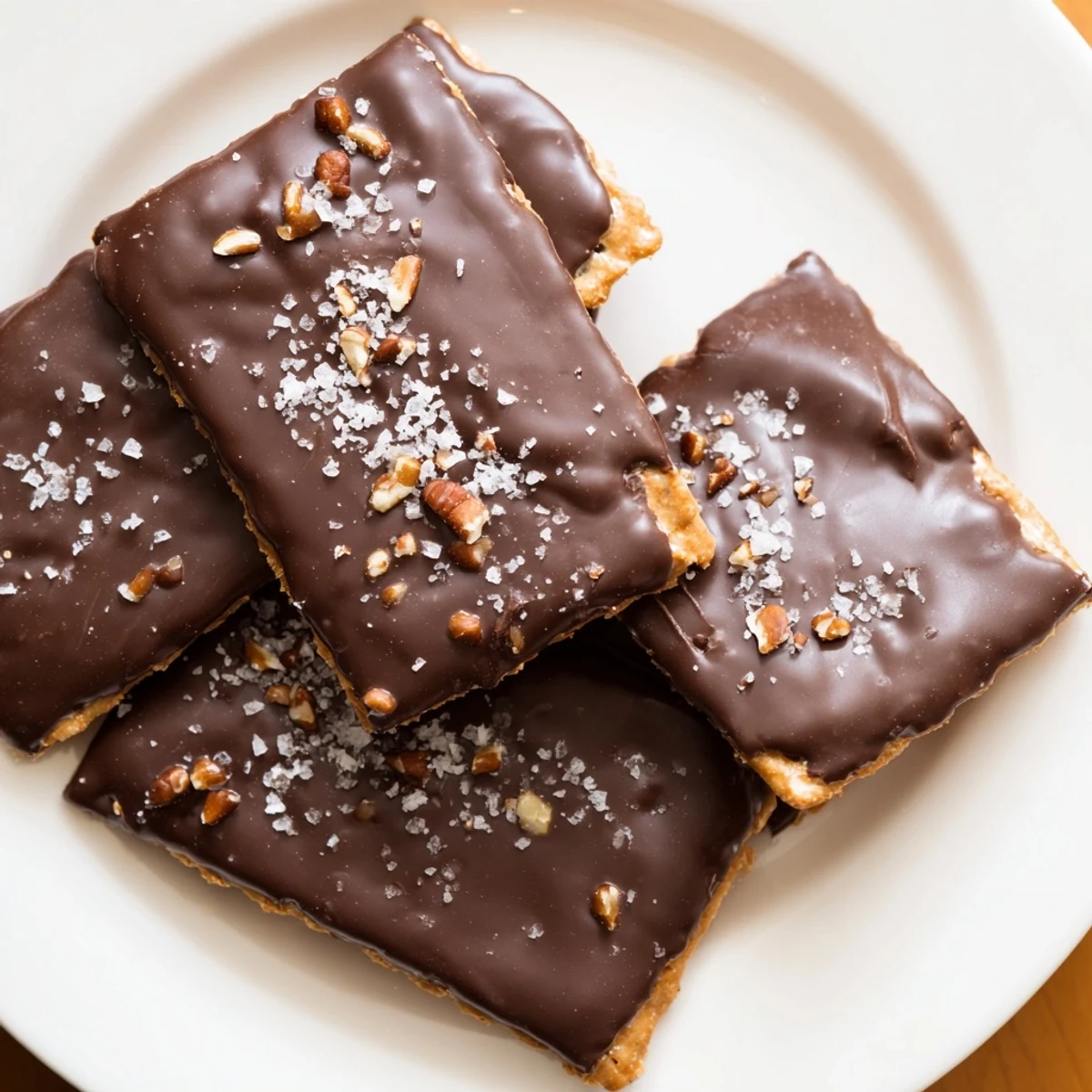 Close-up of Chocolate Covered Matzo Crackers with Toffee showing crisp layers with melted chocolate and sea salt on a marble surface.