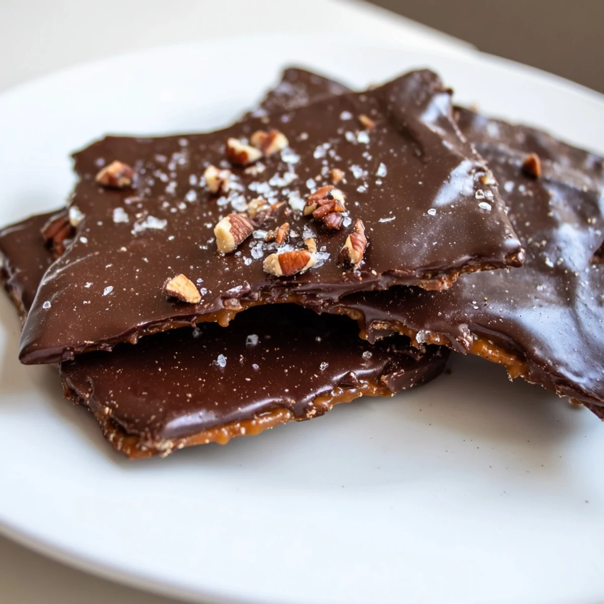 A serving platter of Chocolate Covered Matzo Crackers with Toffee stacked, with chopped pecans and sea salt sprinkled on top.
