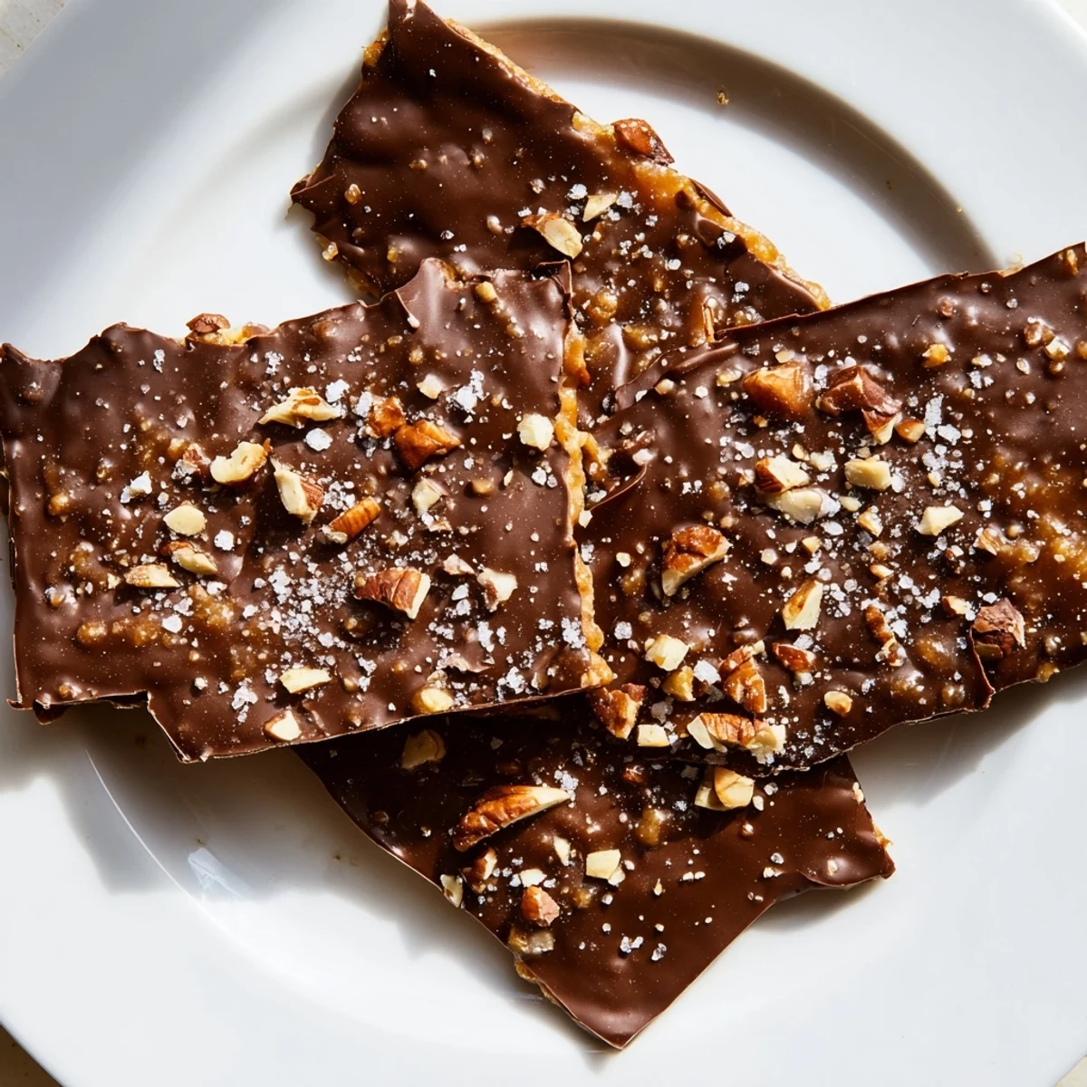 Homemade Chocolate Covered Matzo Crackers with Toffee pieces arranged on parchment paper, showcasing shiny toffee and rich chocolate layers.
