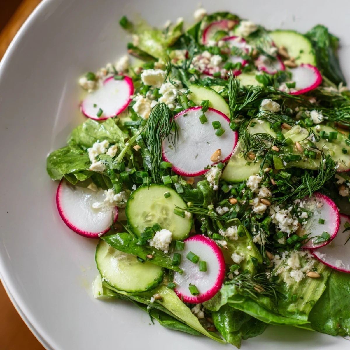 Spring Garden Salad with Radishes and Cucumber on a white plate, showcasing crisp green lettuce and vibrant pink radish slices.
