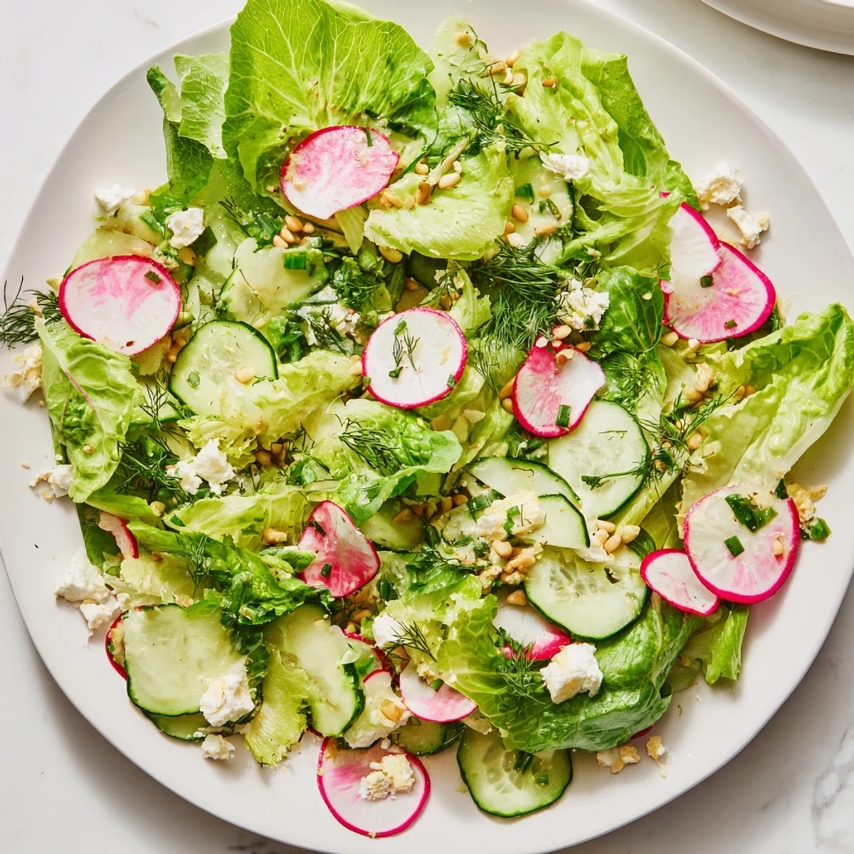 A fresh Spring Garden Salad with Radishes and Cucumber tossed with dill, offering a cool, crunchy bite with lemon vinaigrette.