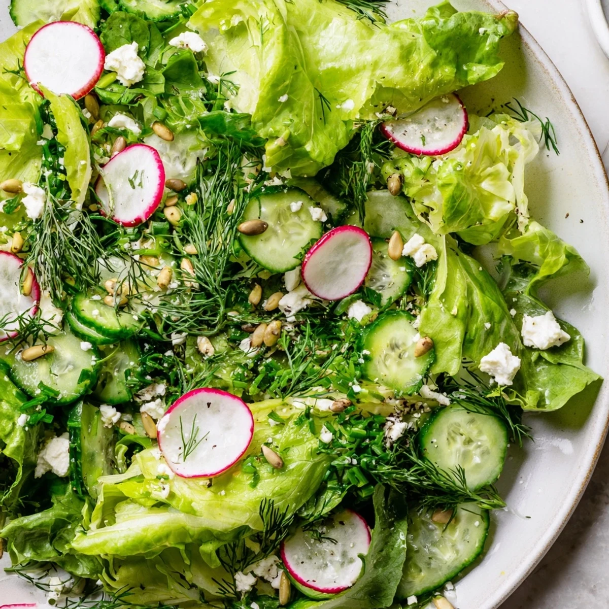 Overhead view of Spring Garden Salad with Radishes and Cucumber, featuring thinly sliced cucumbers and optional feta for a savory finish.