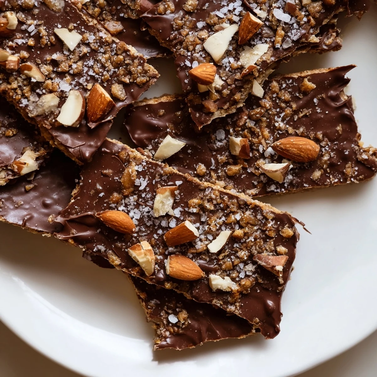 Freshly baked Chocolate Covered Matzo Crackers with Toffee are arranged on a cooling rack, with melted chocolate and toffee bits glistening in warm light.