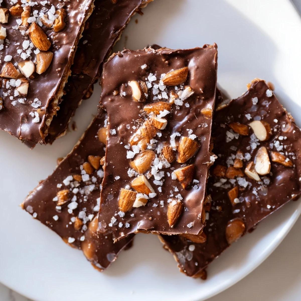 Broken pieces of Chocolate Covered Matzo Crackers with Toffee stacked on a plate, showcasing rich chocolate layers and buttery toffee for serving.