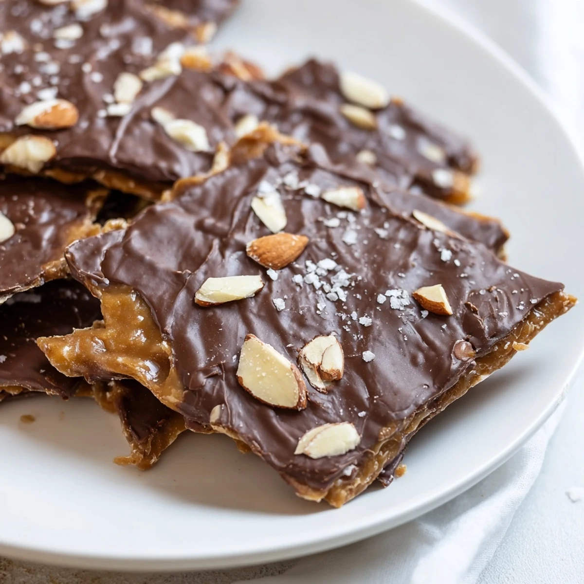 Golden brown toffee sauce bubbling over crispy matzo crackers, topped with chopped almonds and flaky sea salt for a crunchy Jewish dessert.