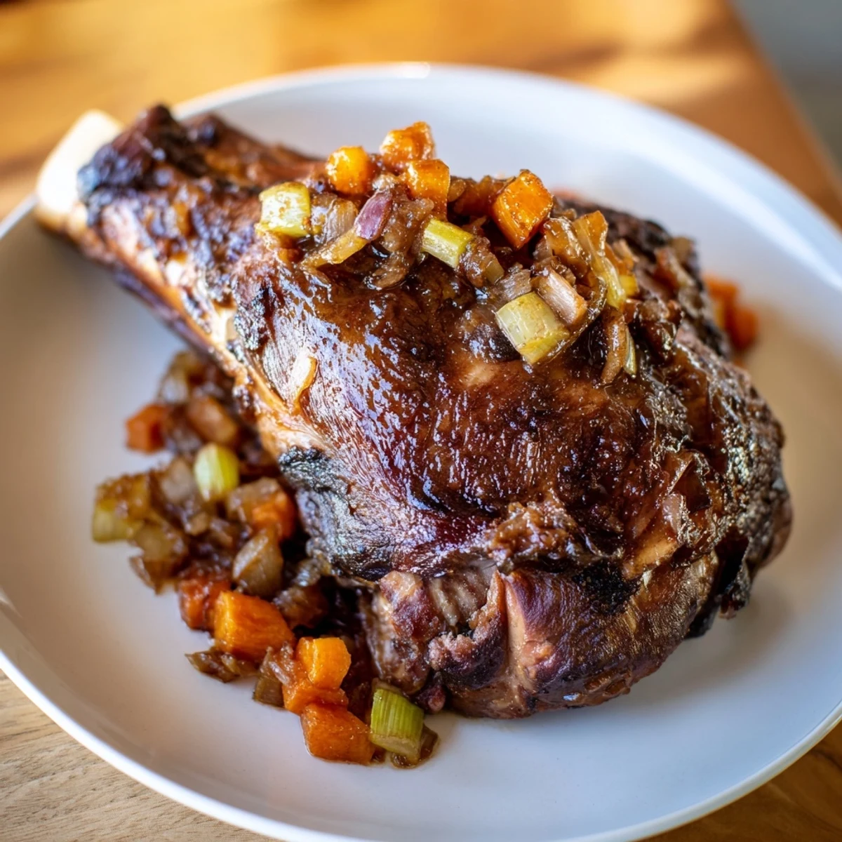 A close-up of Braised Lamb Shoulder with Molasses Glaze glistening under warm kitchen light. The meat is fork-tender with a dark, sticky glaze, served alongside creamy mashed potatoes and fresh herbs.