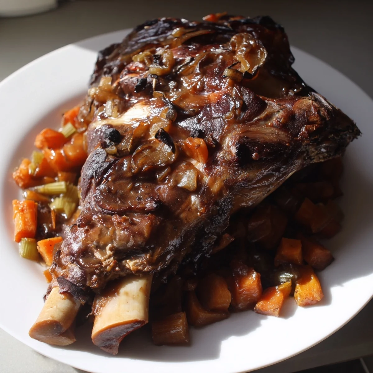 The plated Braised Lamb Shoulder with Molasses Glaze sits next to roasted root vegetables and pomegranate seeds. The glaze shines in the soft light, highlighting the succulent texture and savory-sweet aroma.