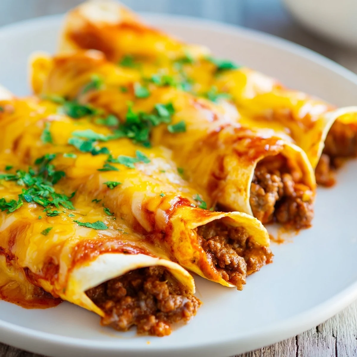 Baked Beef Enchiladas with Homemade Red Chili Sauce served with a dollop of sour cream.