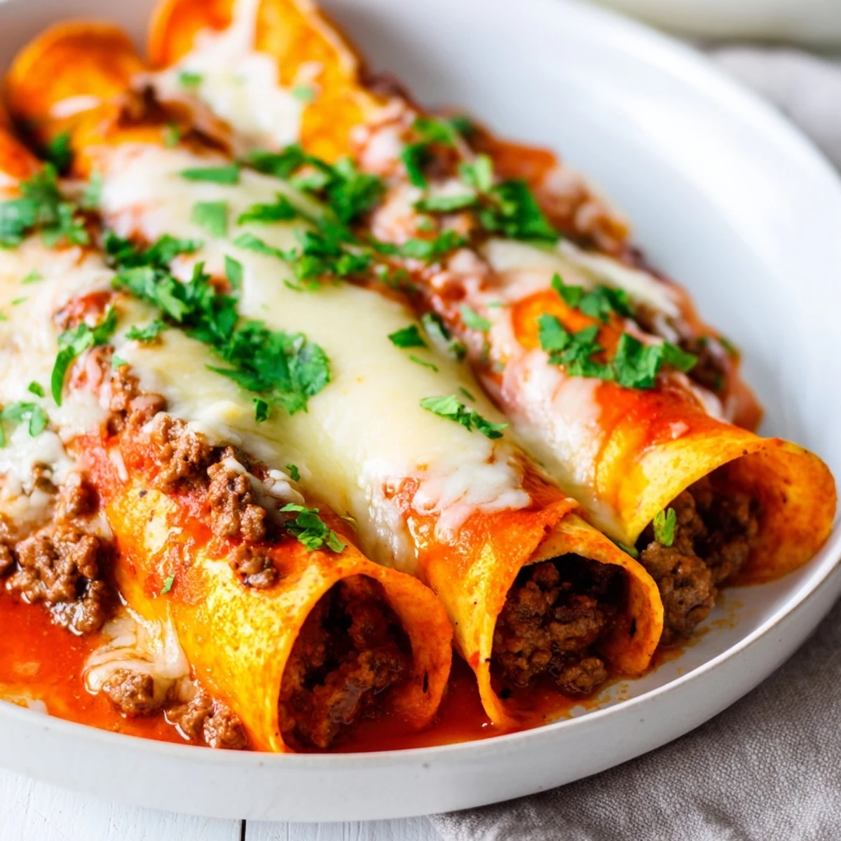 Tender seasoned beef filling inside soft corn tortillas covered in a vibrant red chili sauce.