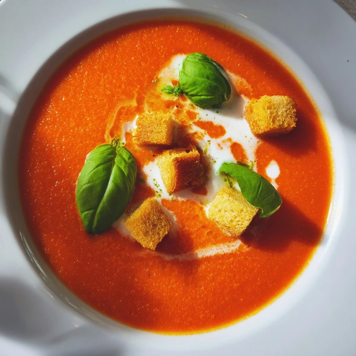 A steaming bowl of Creamy Tomato and Basil Soup with Garlic Croutons garnished with fresh basil.