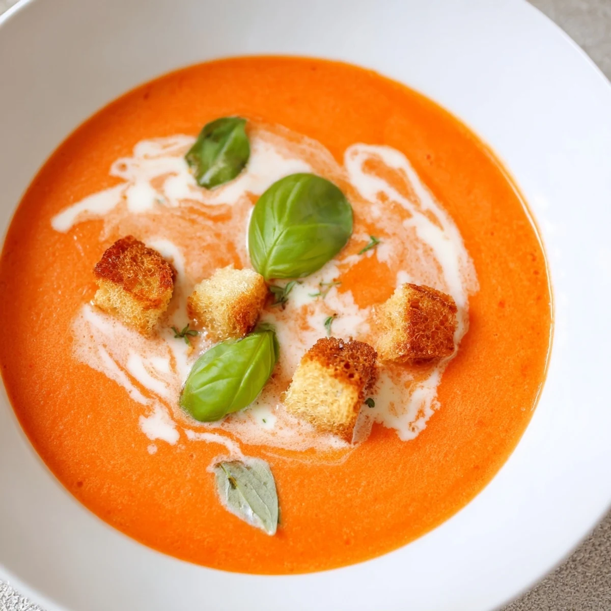 Top-down view of Creamy Tomato and Basil Soup with Garlic Croutons beside a glass of white wine.