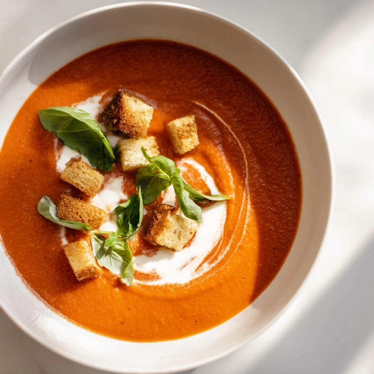 Spoon dipping into Creamy Tomato and Basil Soup with Garlic Croutons over a rustic tablecloth.