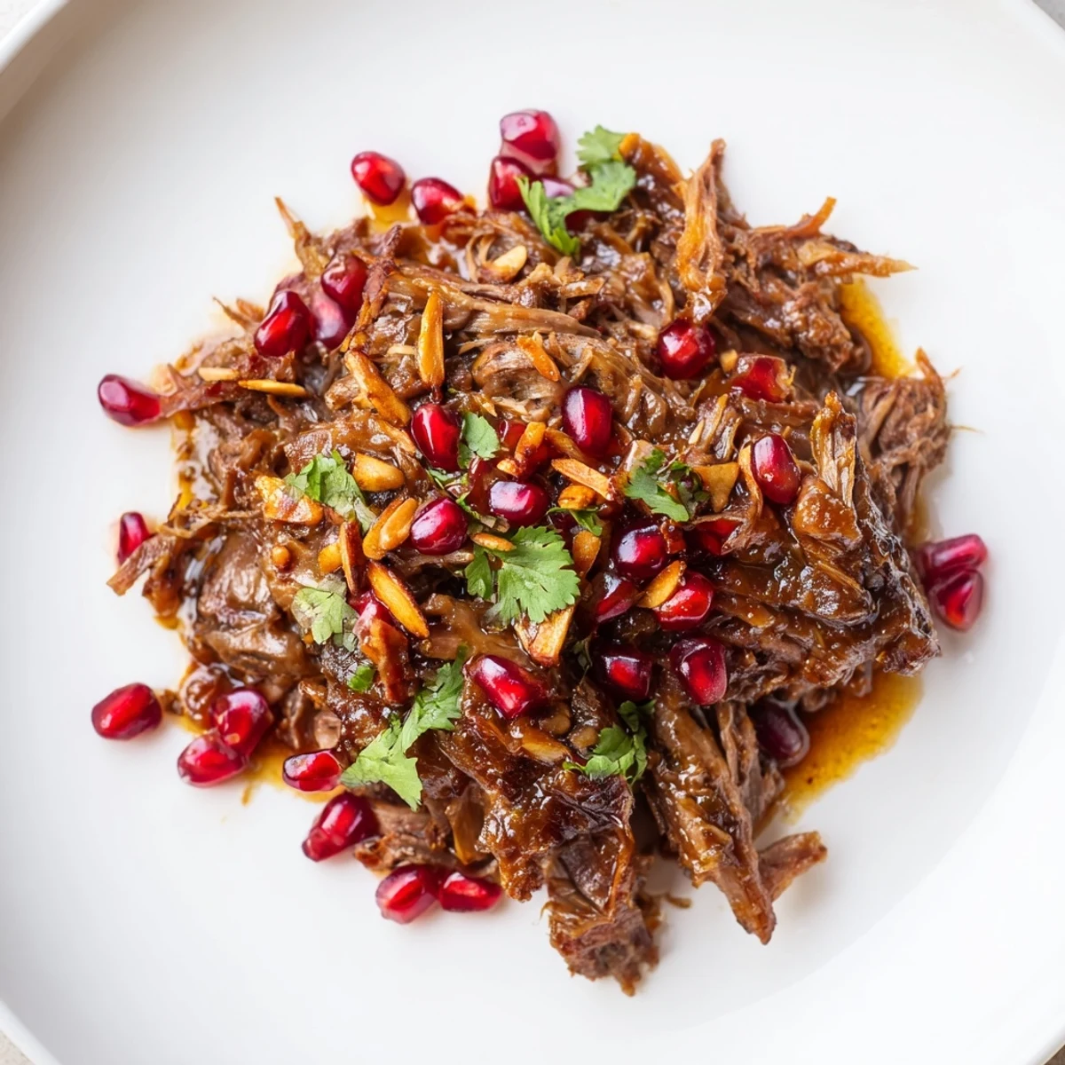 A close-up of Braised Lamb Shoulder with Pomegranate, showing succulent meat strands with a glossy, sweet-tart sauce on a rustic plate.