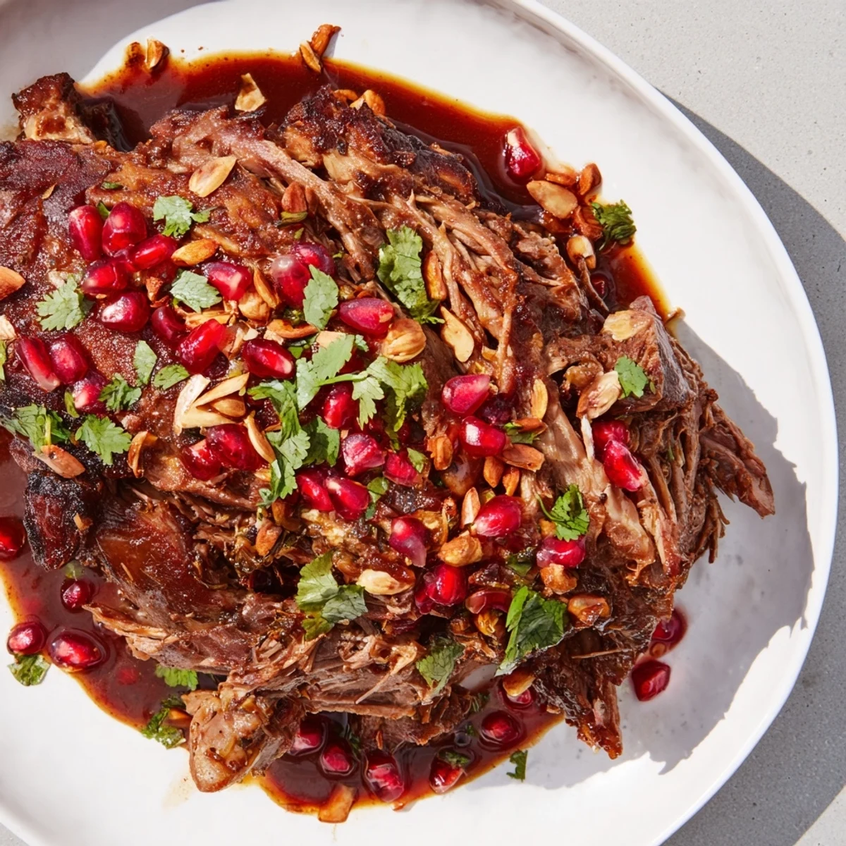 Tender Braised Lamb Shoulder with Pomegranate in a Dutch oven, garnished with pomegranate seeds, fresh cilantro, and toasted almonds, served over saffron rice.