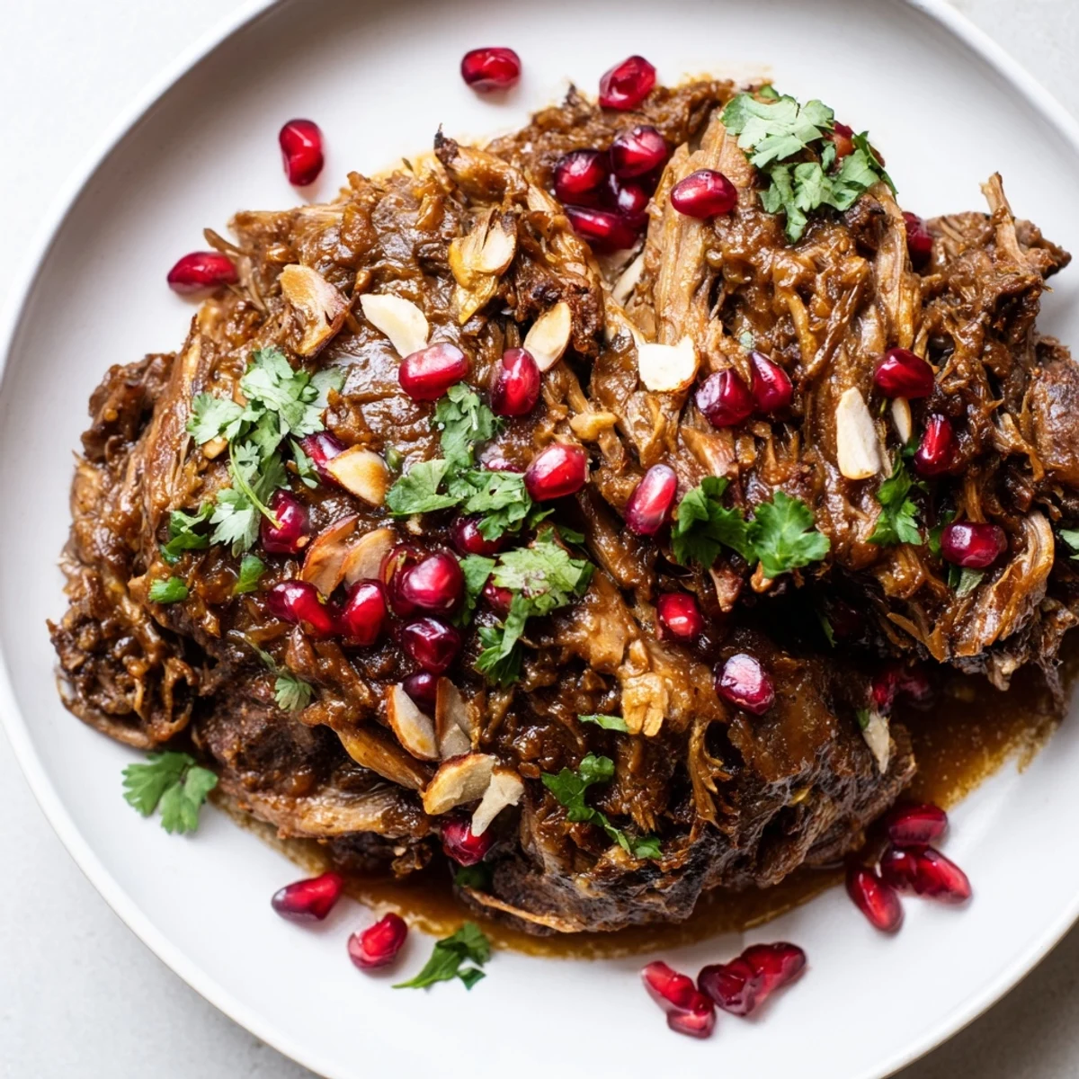 Sizzling Braised Lamb Shoulder with Pomegranate searing in a pot with onions and spices, alongside fresh pomegranate seeds and herbs for garnish.