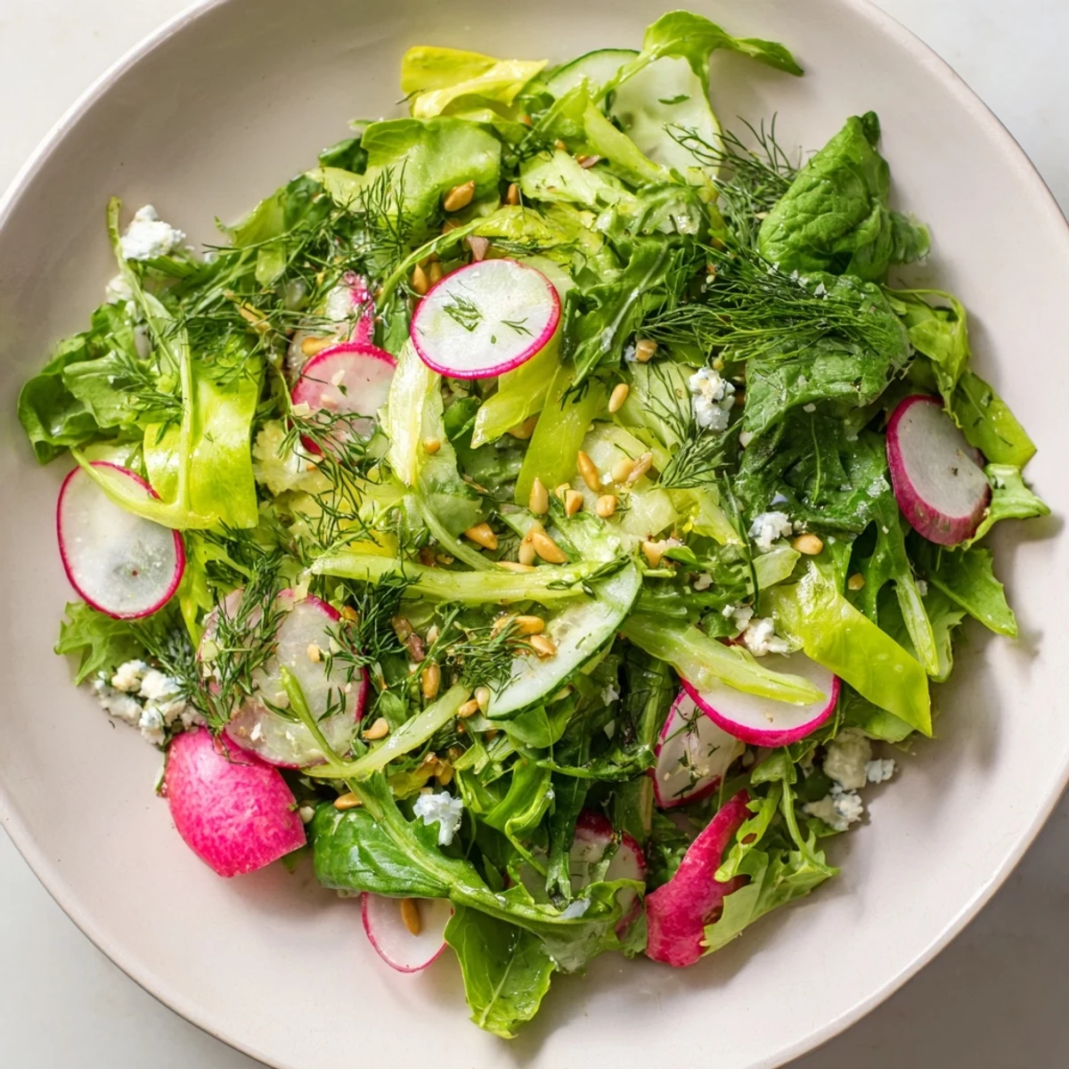 Fresh Spring Garden Salad with Radishes and Cucumber tossed in light lemon-herb vinaigrette on a white plate.
