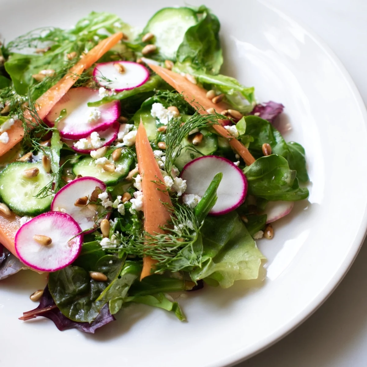 Overhead view of a Spring Garden Salad with Radishes and Cucumber featuring sliced vegetables and glistening dressing.