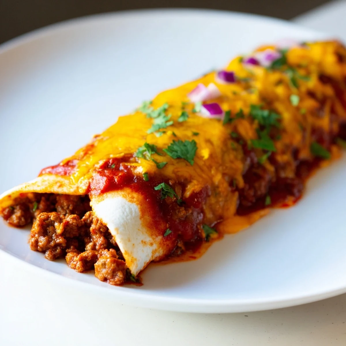 A close-up of Beef Enchiladas with Homemade Red Sauce, garnished with fresh cilantro.