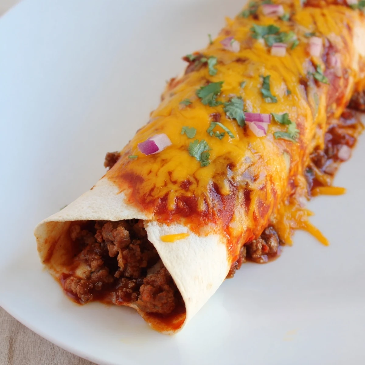 Beef Enchiladas with Homemade Red Sauce sit ready to serve, garnished with sour cream.