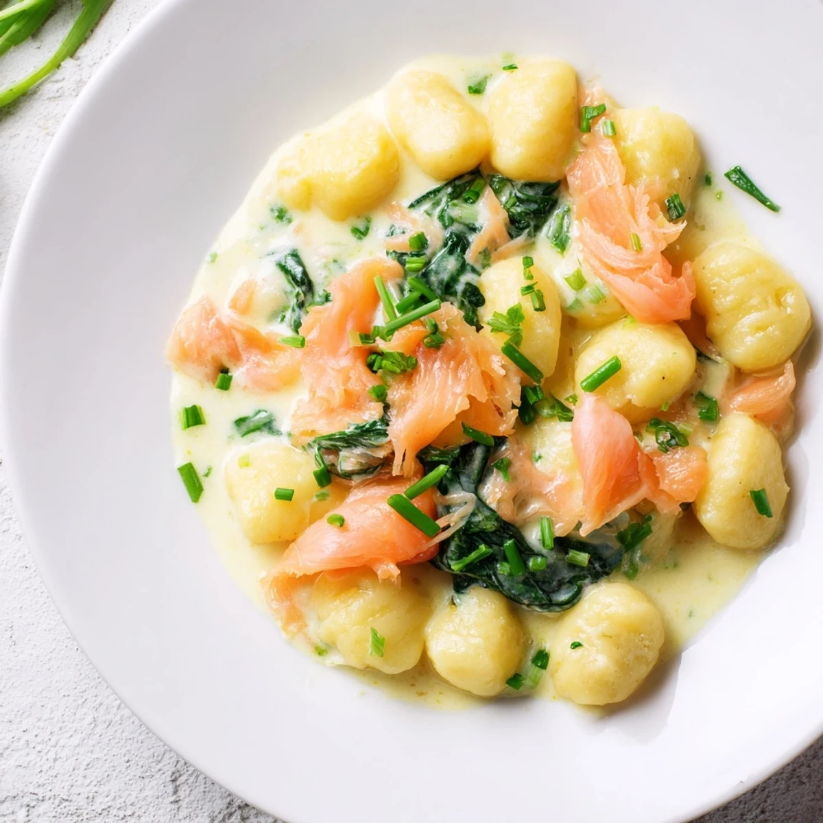 Creamy Healthy Smoked Salmon Gnocchi with fresh spinach and dill served on a white plate.